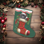 Cute Black Labrador Retriever Puppy Peeking Large Christmas Stocking<br><div class="desc">This Holiday stocking has an image of an adorable black Labrador Retriever puppy wearing a Santa hat and peeking out of an ornate red stocking. The image is surrounded by holly, red berries, and poinsettia blooms, and is placed on a Christmas green background. A white scalloped edge design bordered in...</div>