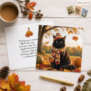 Cute Black Maine Coon Cat Fall Leaves Autumn Card