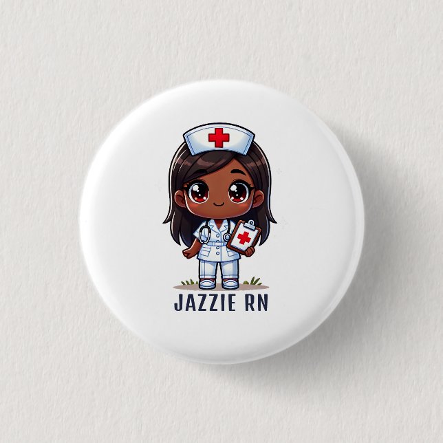 Cute Black Manga Nurse Cartoon Personalized 1 Inch Round Button (Front)