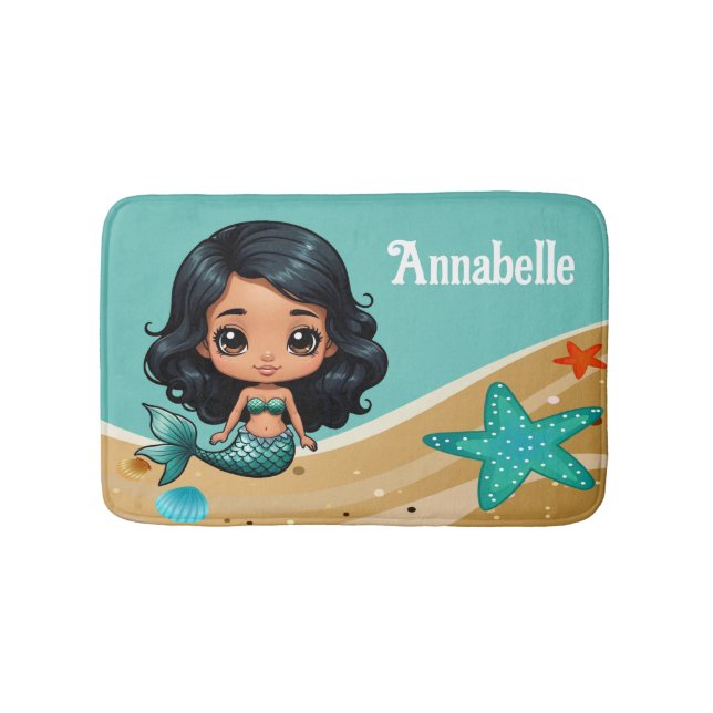 Cute Black Mermaid Personalize Bath Mat (Front)
