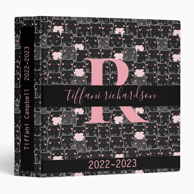 Cute Black Monogram Kitty Cats 3 Ring Binder (Front/Spine)