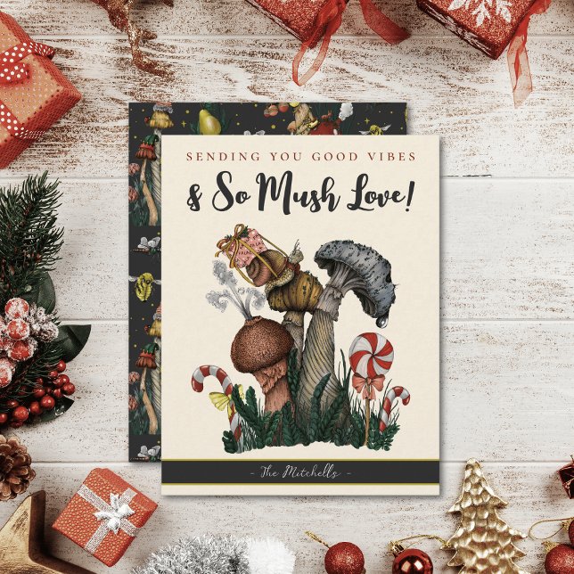 Cute Black Mushroom Snail Good Christmas Vibes  Holiday Card (Sending you good vibes and so mush love christmas flat card with a snail with a gift on a mushroom)
