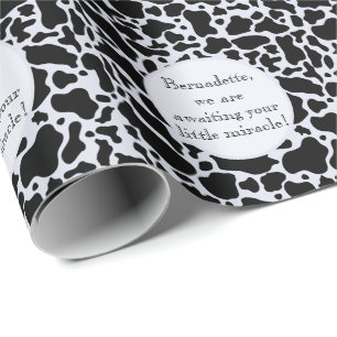 Cute Black on Blue Cowhide Print Farm Animal Text Wrapping Paper