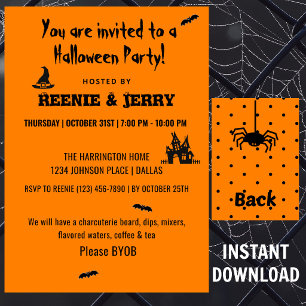 Cute Black & Orange Adult Halloween Party Invitation