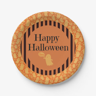Cute Black Orange Ghost Happy Halloween Party Paper Plate