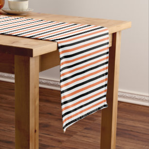 Cute Black Orange & White Stripe Pattern Halloween Short Table Runner