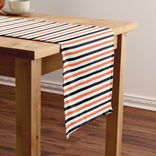 Cute Black Orange & White Stripe Pattern Halloween Short Table Runner (In Situ)