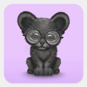 Cute Black Panther Cub Wearing Glasses on Purple Square Sticker
