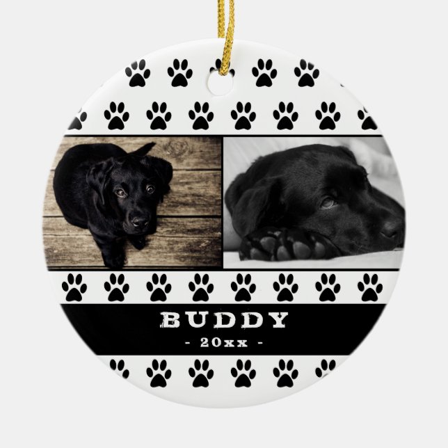 Cute Black Paw Pattern Dog Photo Collage Keepsake Ceramic Ornament (Front)