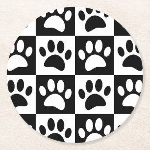 Cute Black Paw Print Chequerboard Pattern Round Paper Coaster