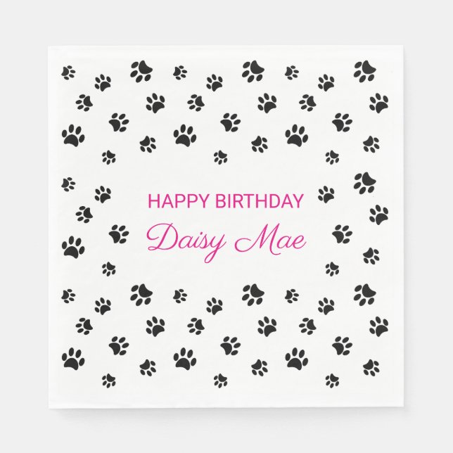 Cute Black Paw Prints Pink Pet Birthday Party Napkin (Front)