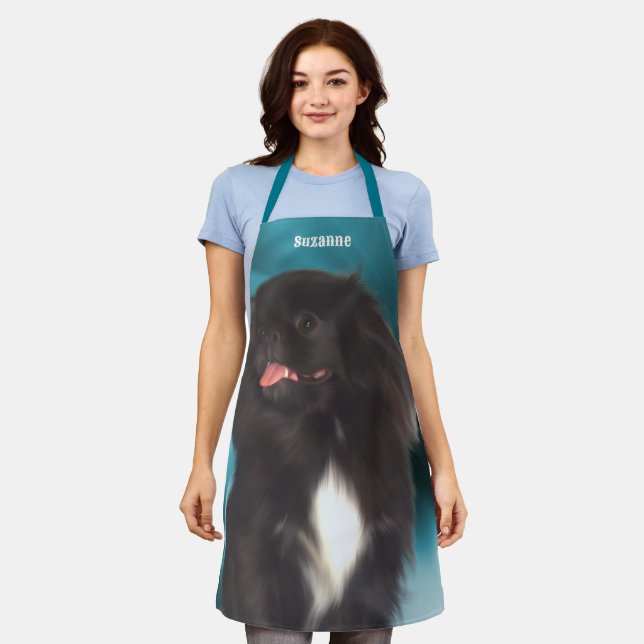 Cute Black Pekingese Dog Personalized Apron (Worn)