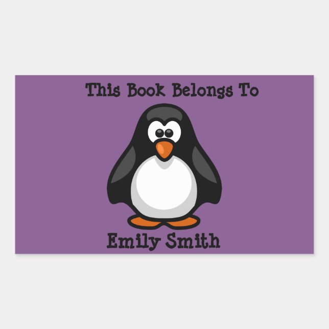 Cute Black Penguin on Purple Book Name Plate Sticker (Front)