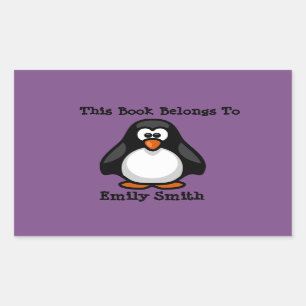 Cute Black Penguin on Purple Book Name Plate Sticker