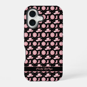 Cute Black Personalized Girly Pink Cowgirl iPhone 16 Case