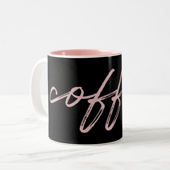 Cute Black & Pink "coffee" Minimalist Script Two-Tone Coffee Mug (Front Left)