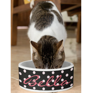 Cute Black Pink Polka Dots Cat Kitty Pet Name Food Bowl