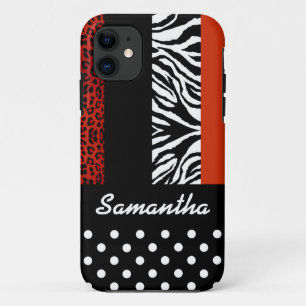 Cute Black Polka Dot Animal Print Custom Name iPhone 11 Case