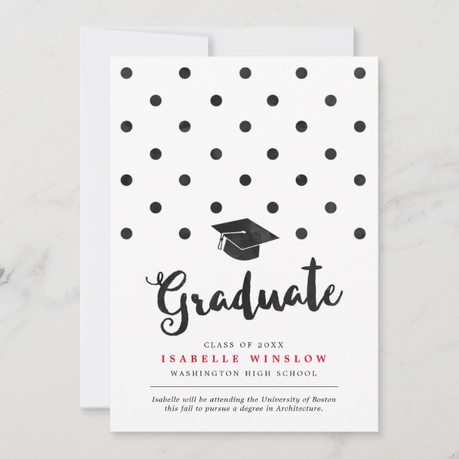 Cute Black Polka Dots Graduation Cap Announcement (Front)
