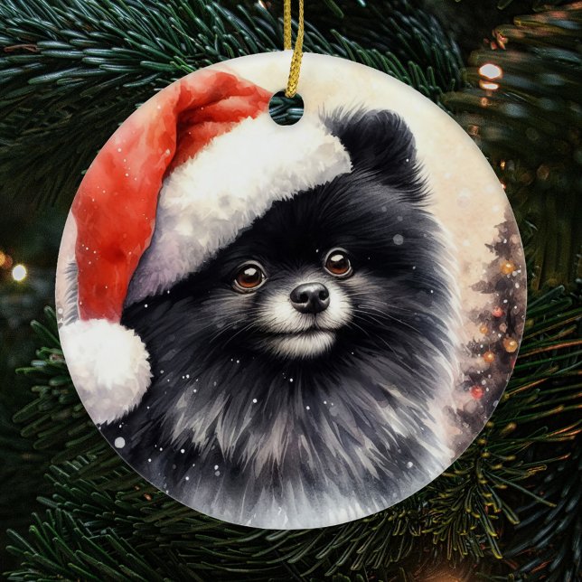 Cute Black Pomeranian Watercolor Christmas Ceramic Ornament (Creator Uploaded)
