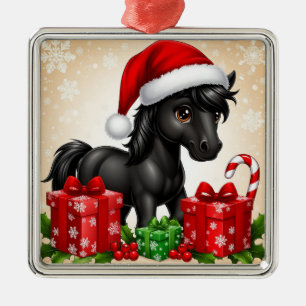 Cute Black Pony with Santa Hat Metal Ornament