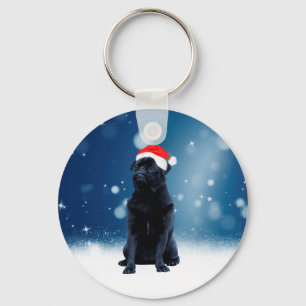 Cute Black Pug Dog Christmas Santa Hat Snow Stars Keychain
