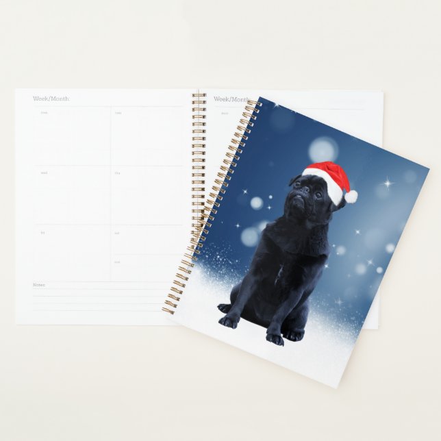 Cute Black Pug Dog Christmas Santa Hat Snow Stars Planner (Display)