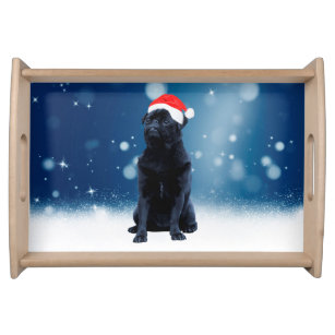 Cute Black Pug Dog Christmas Santa Hat Snow Stars Serving Tray