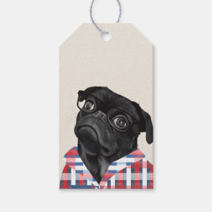 Cute Black Pug Dog With Glasses And Check Gift Tag