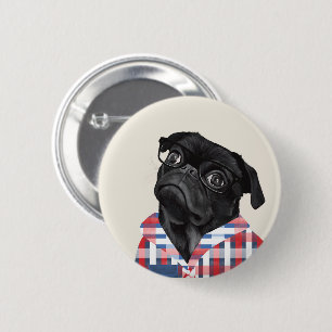 Cute Black Pug Dog With Glasses And Check Shirt 2 Inch Round Button