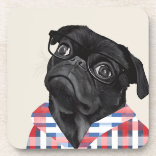 Cute Black Pug Dog With Glasses And Check Shirt Coaster