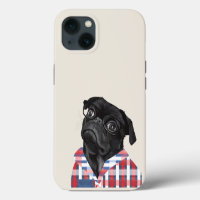 Cute Black Pug Dog With Glasses And Check Shirt