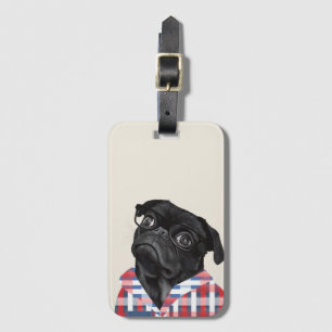 Cute Black Pug Dog With Glasses And Check Shirt Luggage Tag