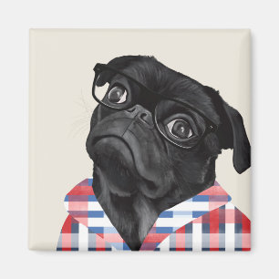Cute Black Pug Dog With Glasses And Check Shirt Magnet
