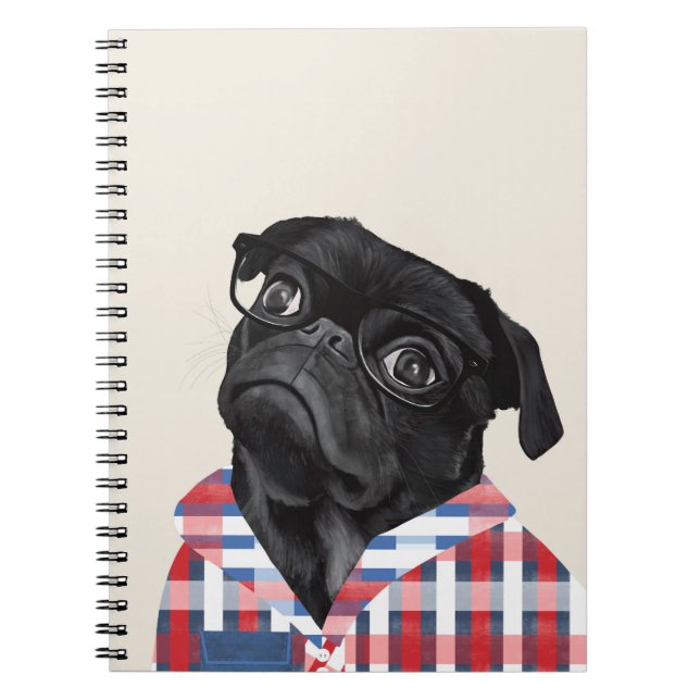 Cute Black Pug Dog With Glasses And Check Shirt Notebook (Front)