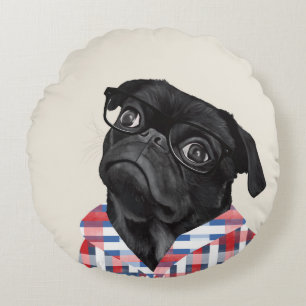 Cute Black Pug Dog With Glasses And Check Shirt Round Pillow