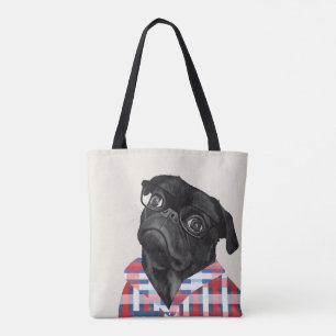 Cute Black Pug Dog With Glasses And Check Shirt Tote Bag