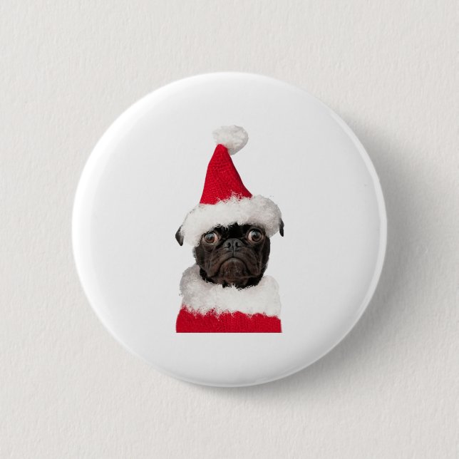 Cute Black Pug in Christmas Santa Hat   2 Inch Round Button (Front)