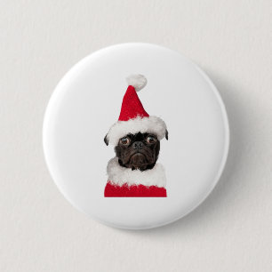 Cute Black Pug in Christmas Santa Hat   2 Inch Round Button