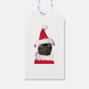 Cute Black Pug in Christmas Santa Hat Gift Tags