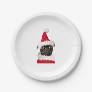 Cute Black Pug in Christmas Santa Hat   Paper Plate