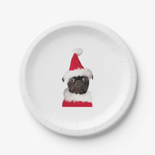 Cute Black Pug in Christmas Santa Hat   Paper Plate (Front)