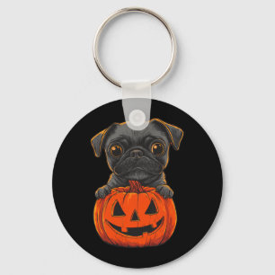 Cute Black Pug Jack O Lantern Pumpkin Halloween Keychain