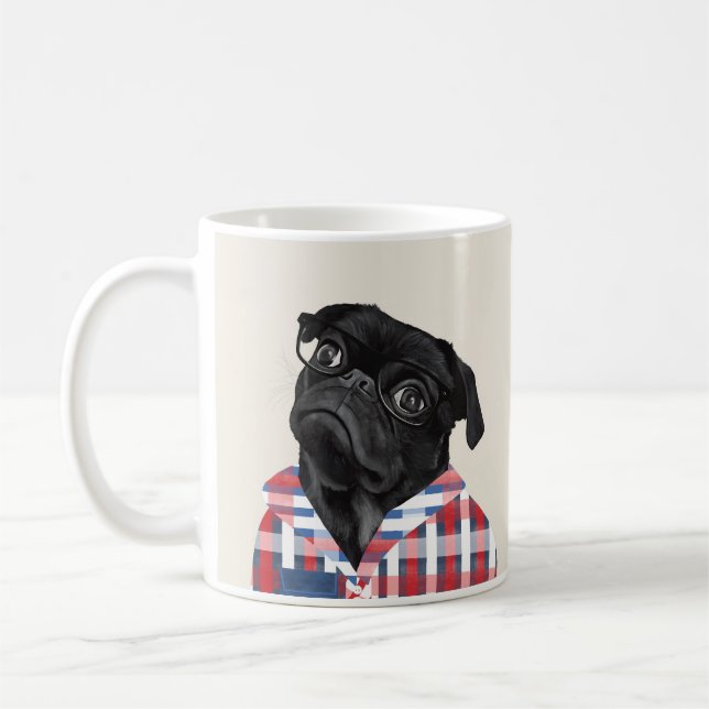 Cute Black Pug with Glasses and Shirt Coffee Mug (Left)
