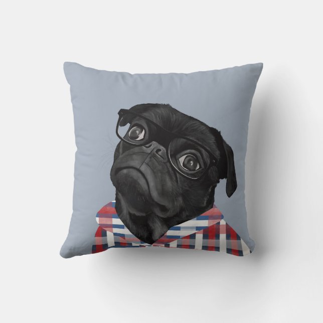Cute Black Pug With Glasses and Shirt Throw Pillow (Back)