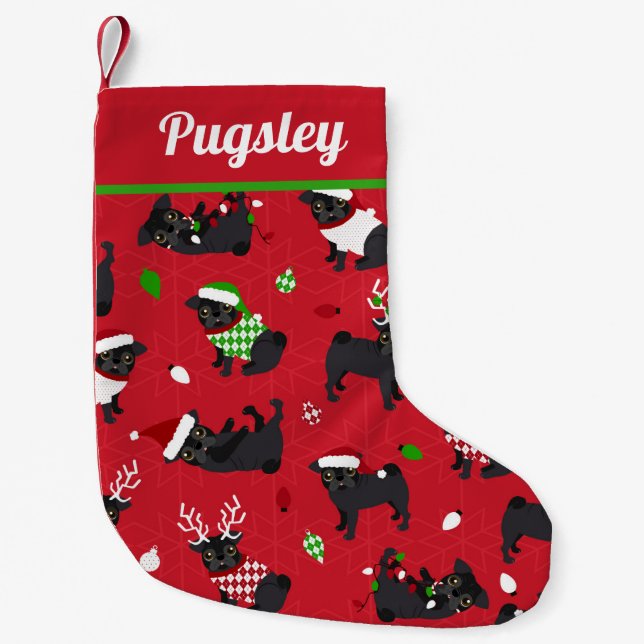 Cute Black Pugs Red Small Christmas Stocking (Front)