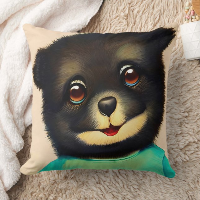 Cute black puppy illustration throw pillow (Blanket)