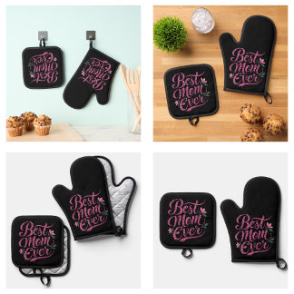 Cute Black Purple Best Mom Ever Oven Mitt & Pot Holder Set
