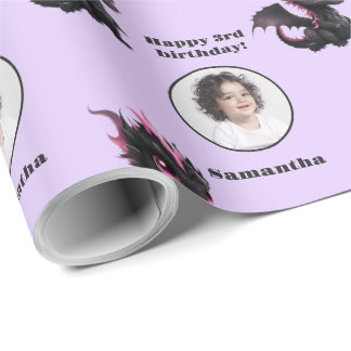 Cute Black Purple Chibi Dragon Custom Photo Text Wrapping Paper