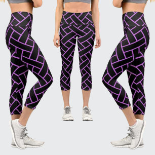 Cute, Black, Purple Striped Abstract Pattern Capri Leggings